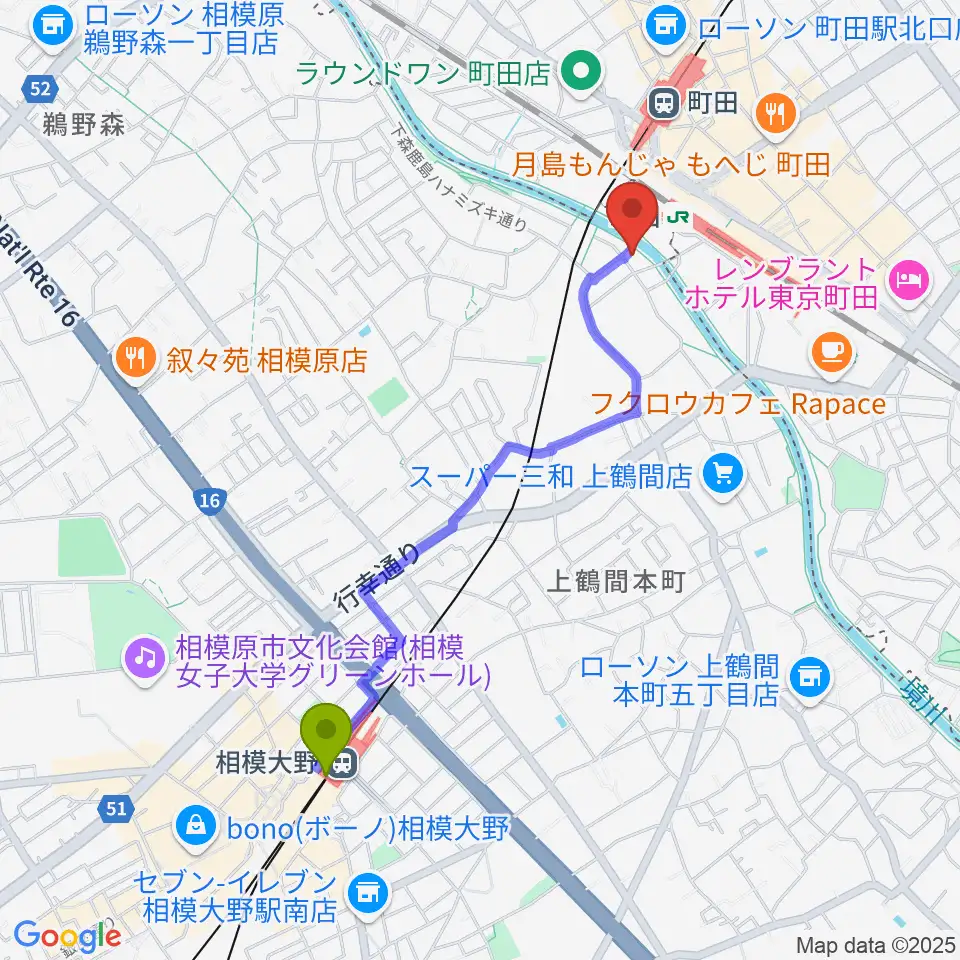 相模大野駅からゲートウェイスタジオ町田店へのルートマップ地図