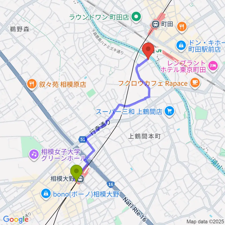 相模大野駅からゲートウェイスタジオ町田店へのルートマップ地図