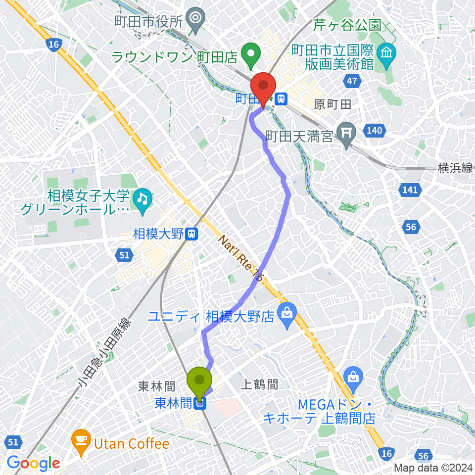 東林間駅からゲートウェイスタジオ町田店へのルートマップ地図