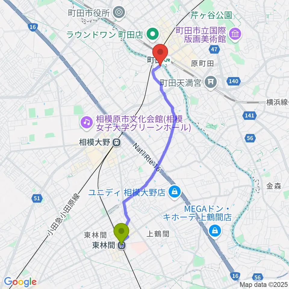 東林間駅からゲートウェイスタジオ町田店へのルートマップ地図