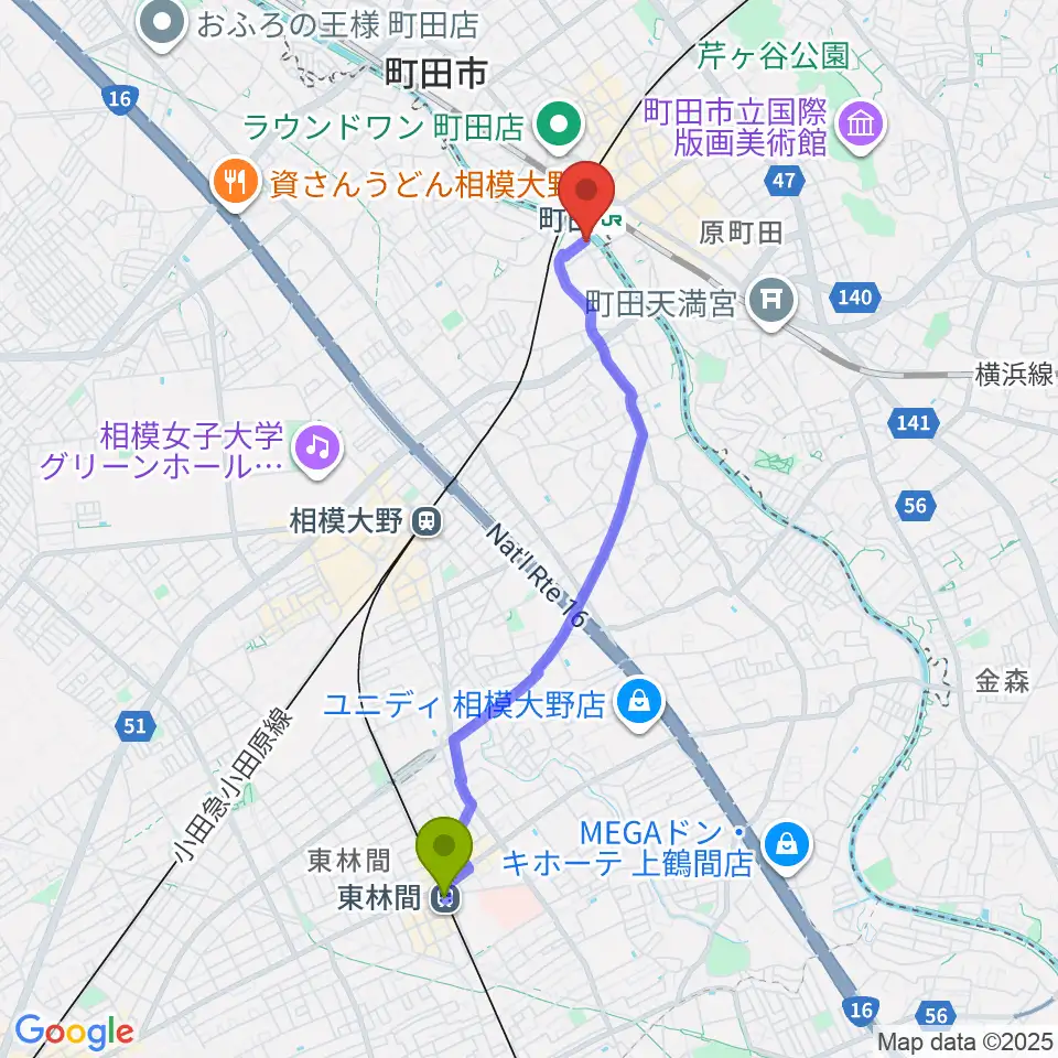 東林間駅からゲートウェイスタジオ町田店へのルートマップ地図