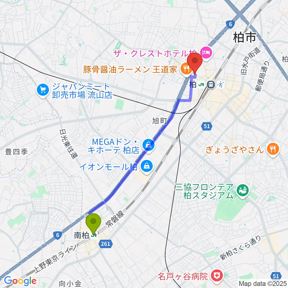 南柏駅からゲートウェイスタジオ柏店へのルートマップ地図