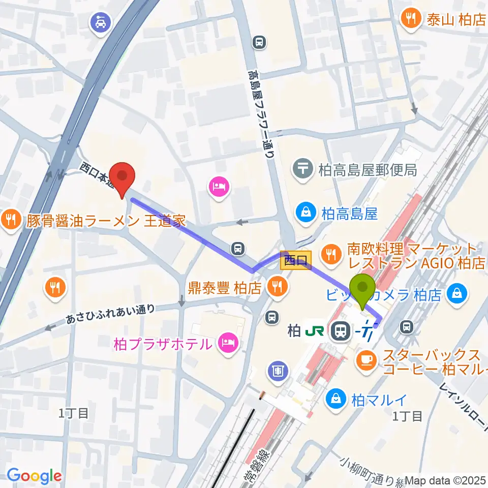 ゲートウェイスタジオ柏店の最寄駅柏駅からの徒歩ルート（約4分）地図