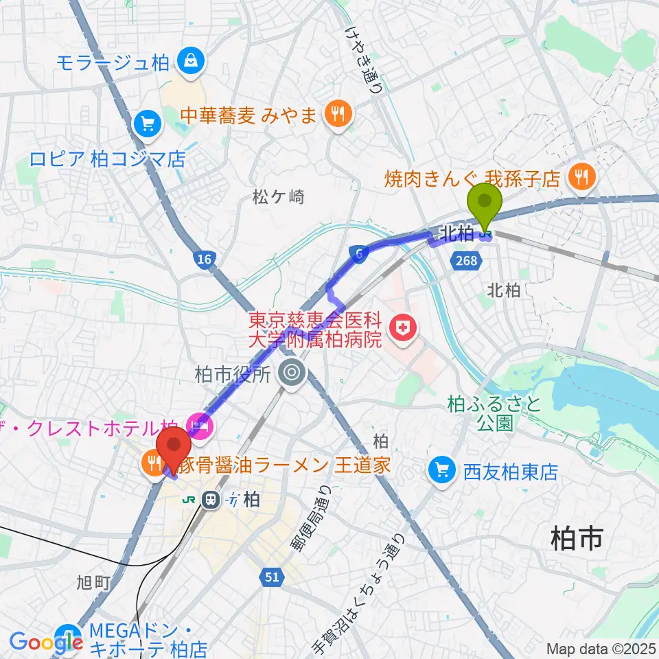 北柏駅からゲートウェイスタジオ柏店へのルートマップ地図