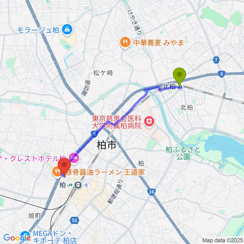 北柏駅からゲートウェイスタジオ柏店へのルートマップ地図
