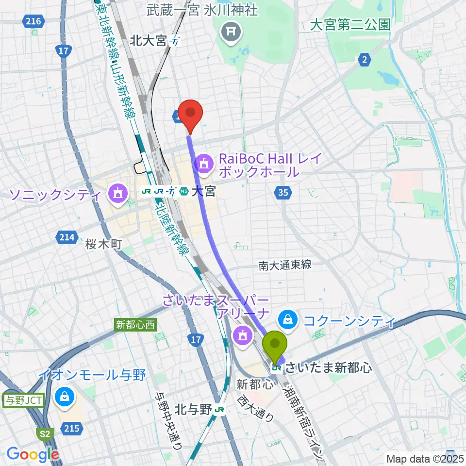 さいたま新都心駅からゲートウェイスタジオ大宮店へのルートマップ地図
