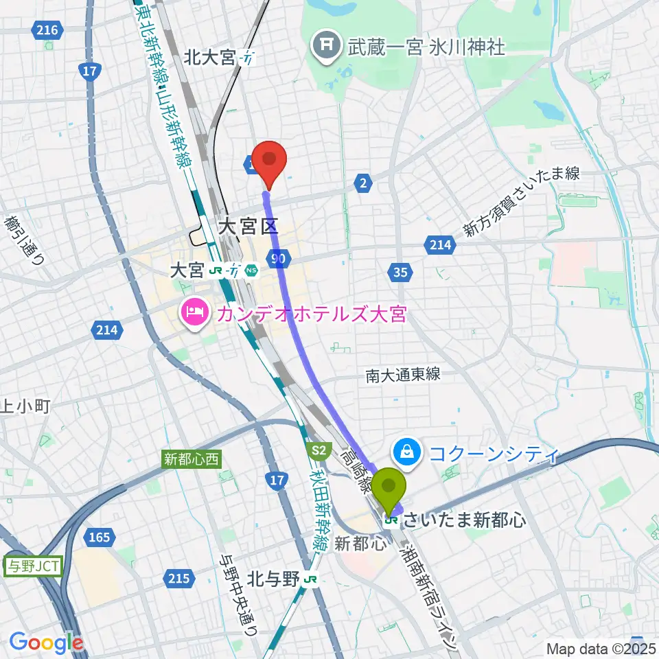 さいたま新都心駅からゲートウェイスタジオ大宮店へのルートマップ地図
