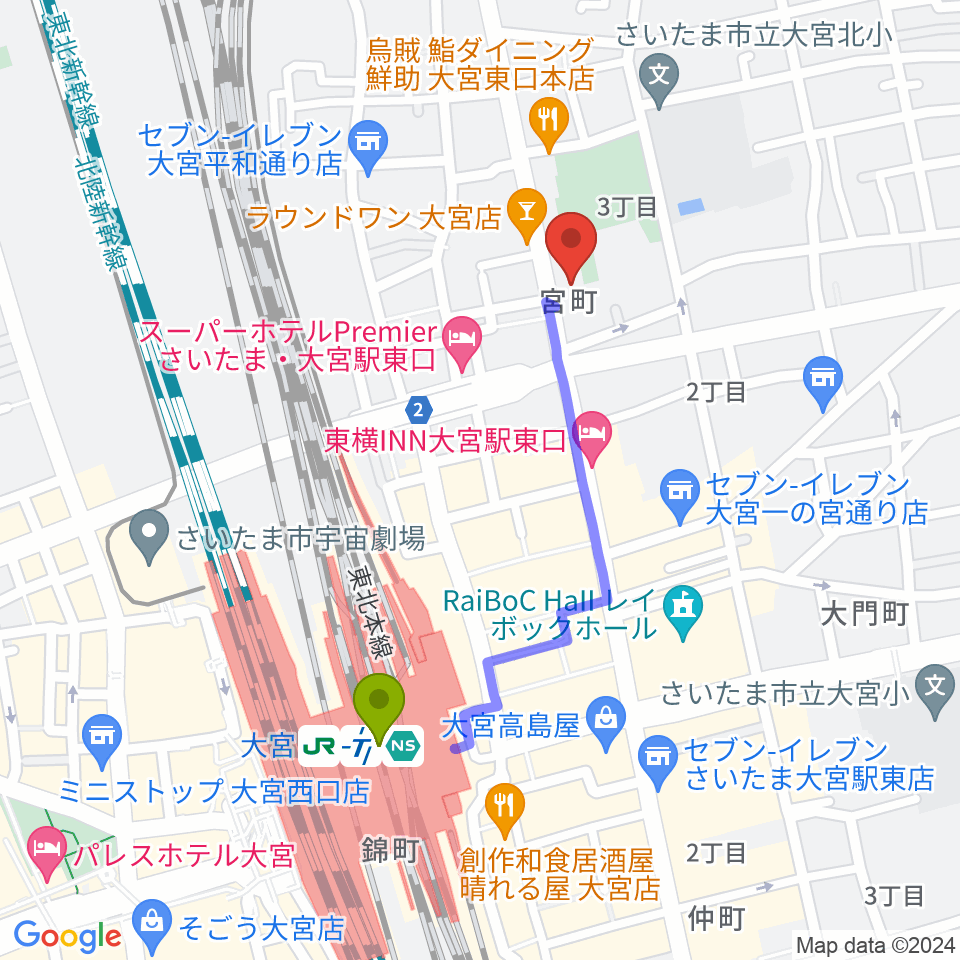ゲートウェイスタジオ大宮店の最寄駅大宮駅からの徒歩ルート（約8分）地図
