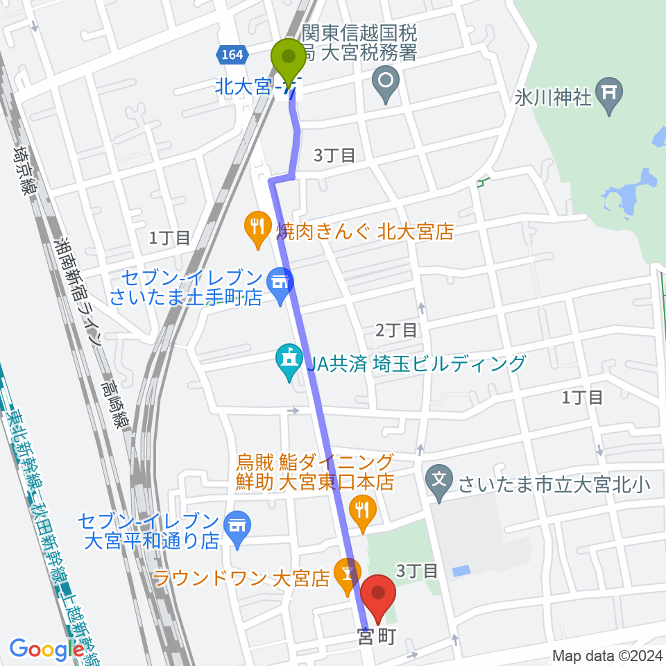 北大宮駅からゲートウェイスタジオ大宮店へのルートマップ地図