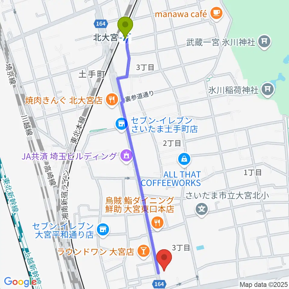 北大宮駅からゲートウェイスタジオ大宮店へのルートマップ地図