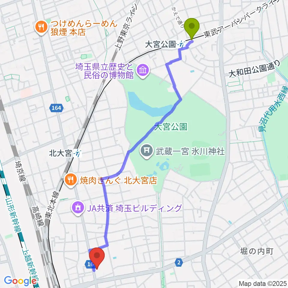 大宮公園駅からゲートウェイスタジオ大宮店へのルートマップ地図