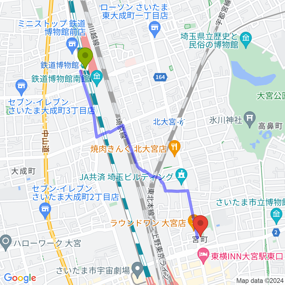 鉄道博物館駅からゲートウェイスタジオ大宮店へのルートマップ地図
