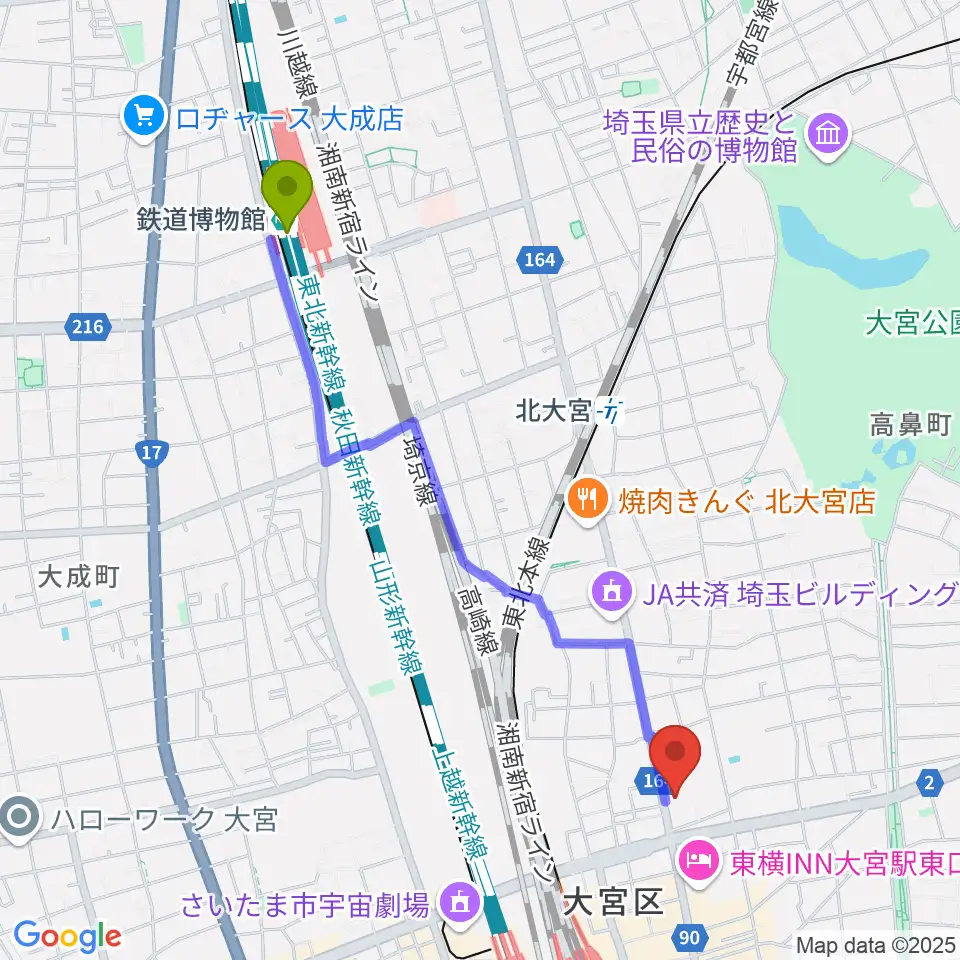 鉄道博物館駅からゲートウェイスタジオ大宮店へのルートマップ地図