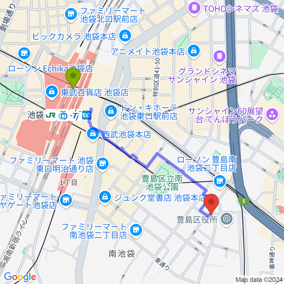 池袋駅からスタジオペンタ池袋店へのルートマップ地図