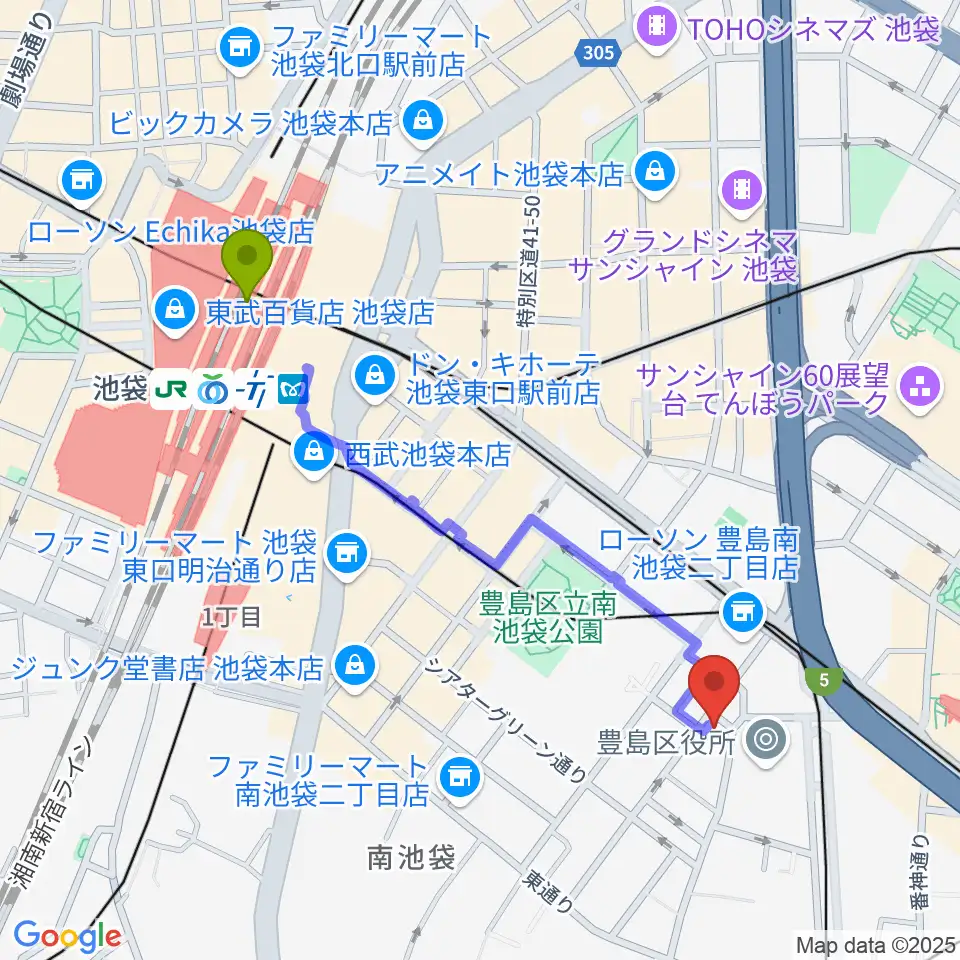 池袋駅からスタジオペンタ池袋店へのルートマップ地図