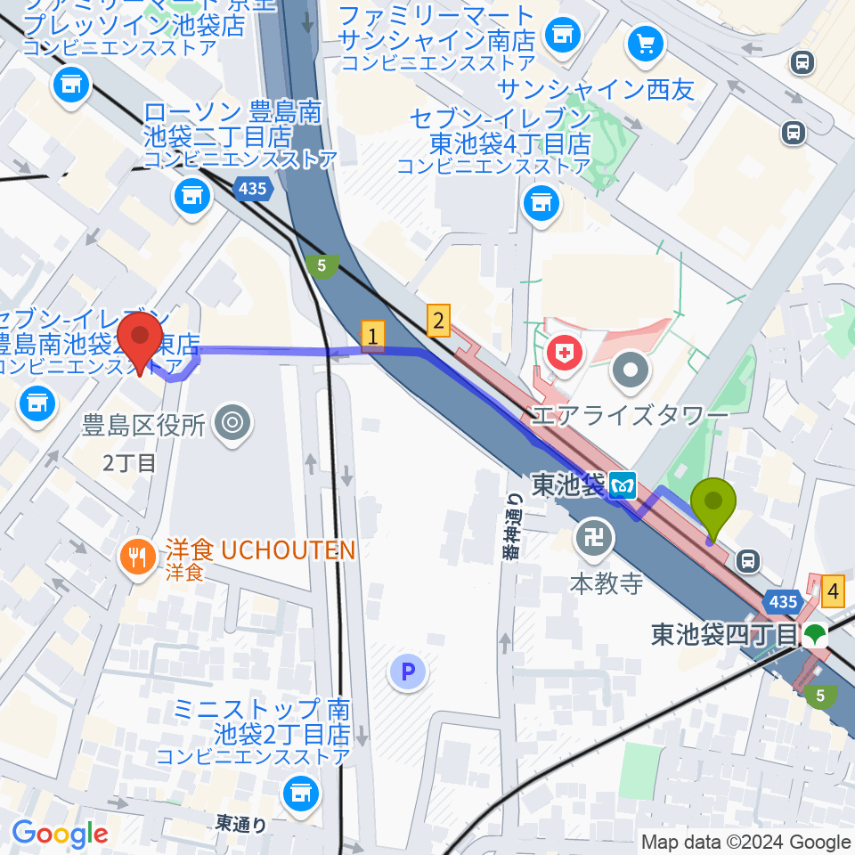 東池袋駅からスタジオペンタ池袋店へのルートマップ地図