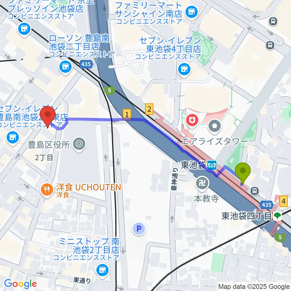 東池袋駅からスタジオペンタ池袋店へのルートマップ地図