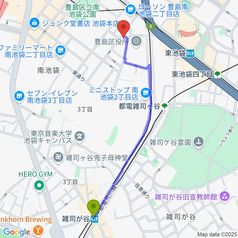 雑司が谷駅からスタジオペンタ池袋店へのルートマップ地図