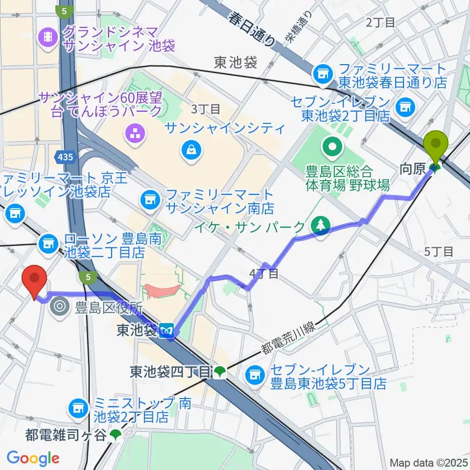 向原駅からスタジオペンタ池袋店へのルートマップ地図