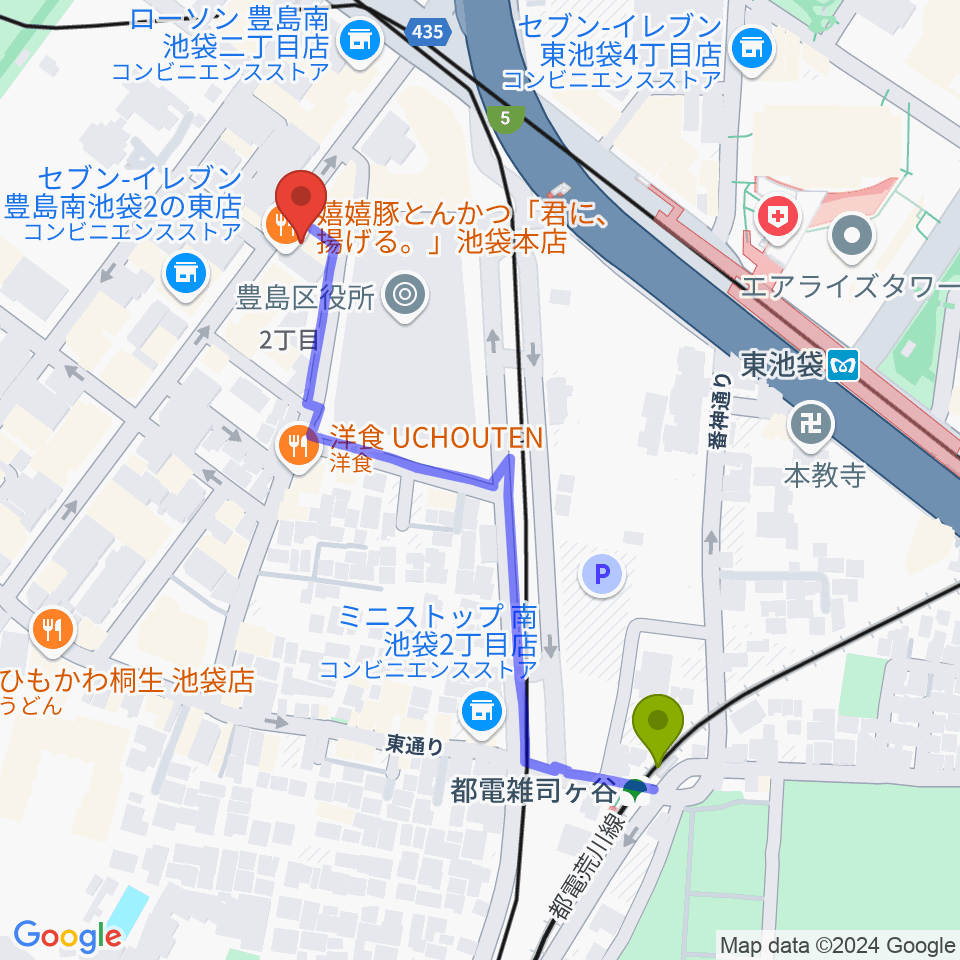 スタジオペンタ池袋店の最寄駅都電雑司ヶ谷駅からの徒歩ルート（約5分）地図