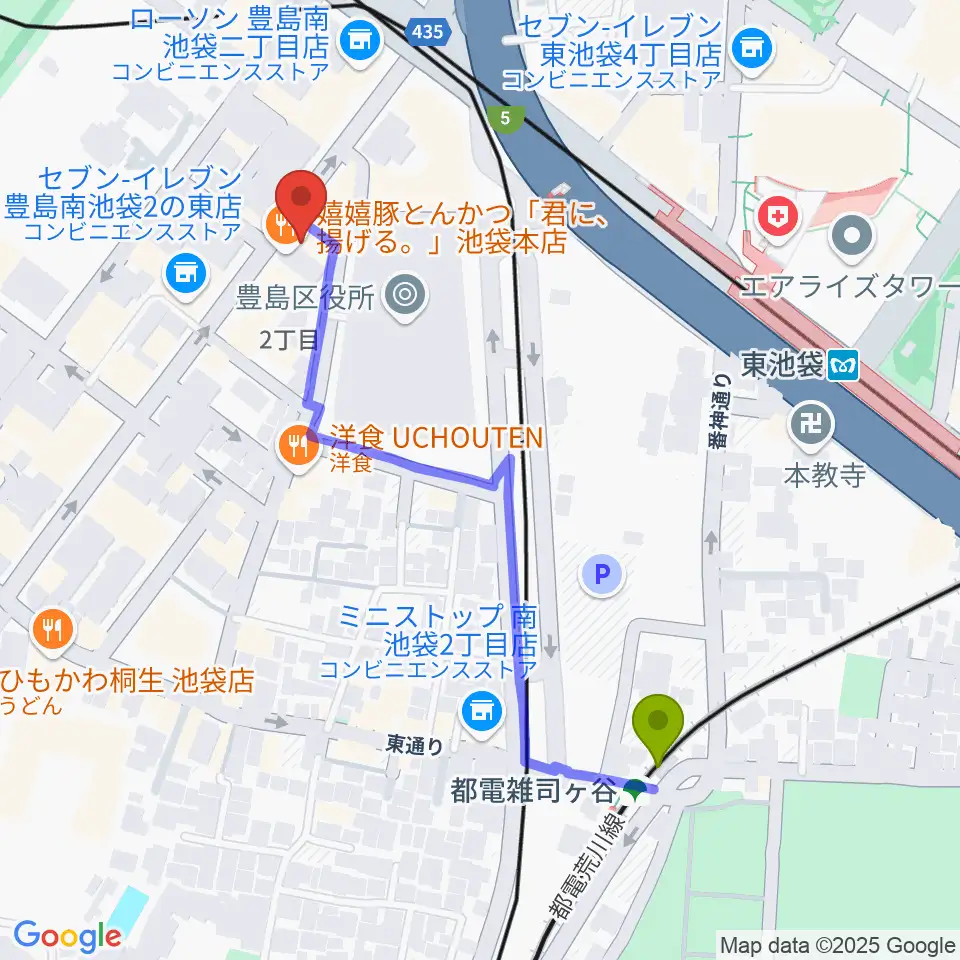 スタジオペンタ池袋店の最寄駅都電雑司ヶ谷駅からの徒歩ルート（約5分）地図