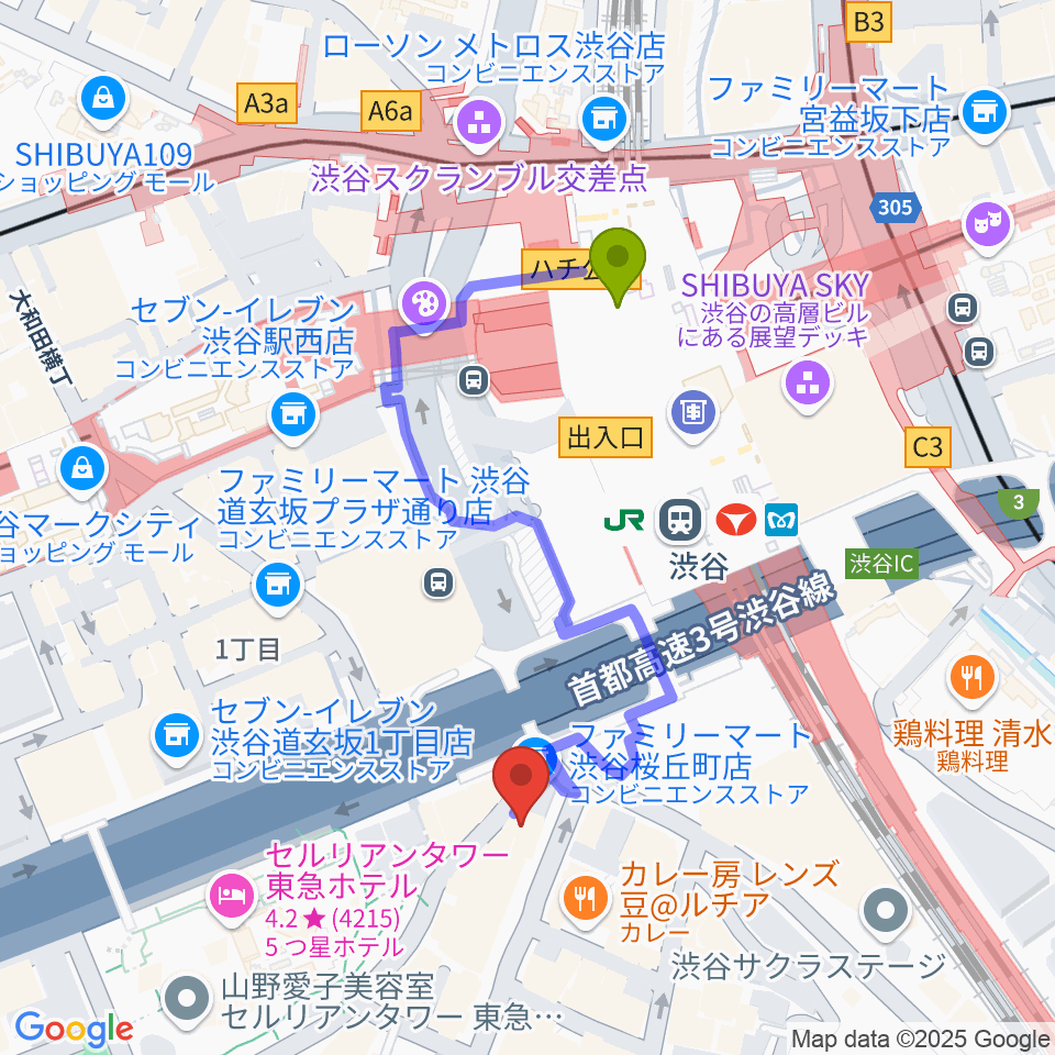 スタジオペンタ渋谷シティサイドの最寄駅渋谷駅からの徒歩ルート（約4分）地図