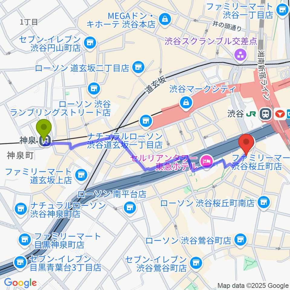 神泉駅からスタジオペンタ渋谷シティサイドへのルートマップ地図