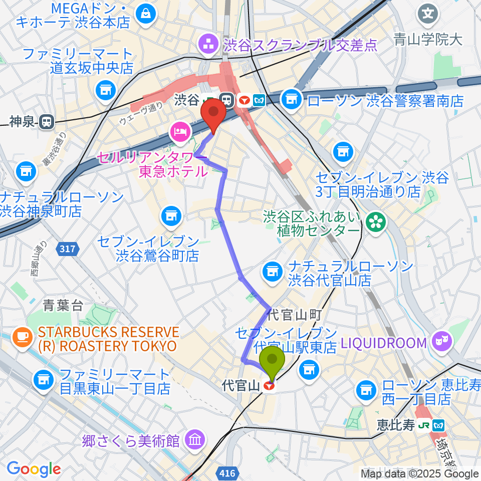 代官山駅からスタジオペンタ渋谷シティサイドへのルートマップ地図