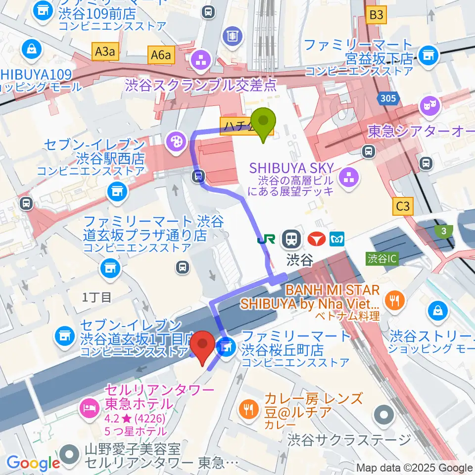 スタジオペンタ渋谷ムーンサイドの最寄駅渋谷駅からの徒歩ルート（約4分）地図