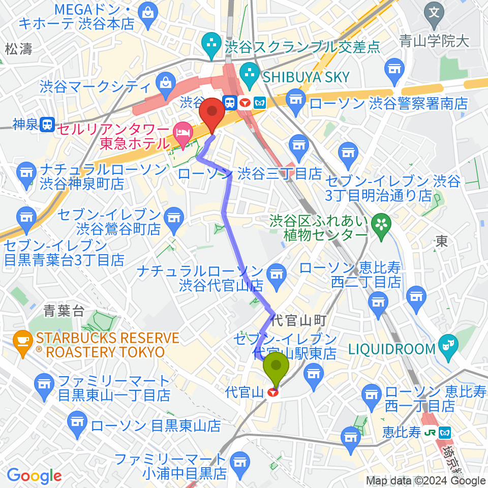 代官山駅からスタジオペンタ渋谷ムーンサイドへのルートマップ地図