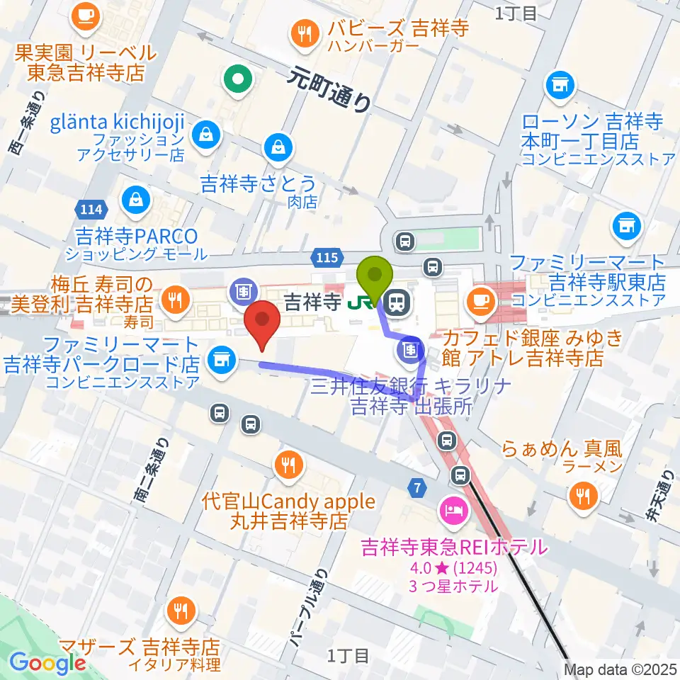 スタジオペンタ吉祥寺サウスサイドの最寄駅吉祥寺駅からの徒歩ルート（約1分）地図