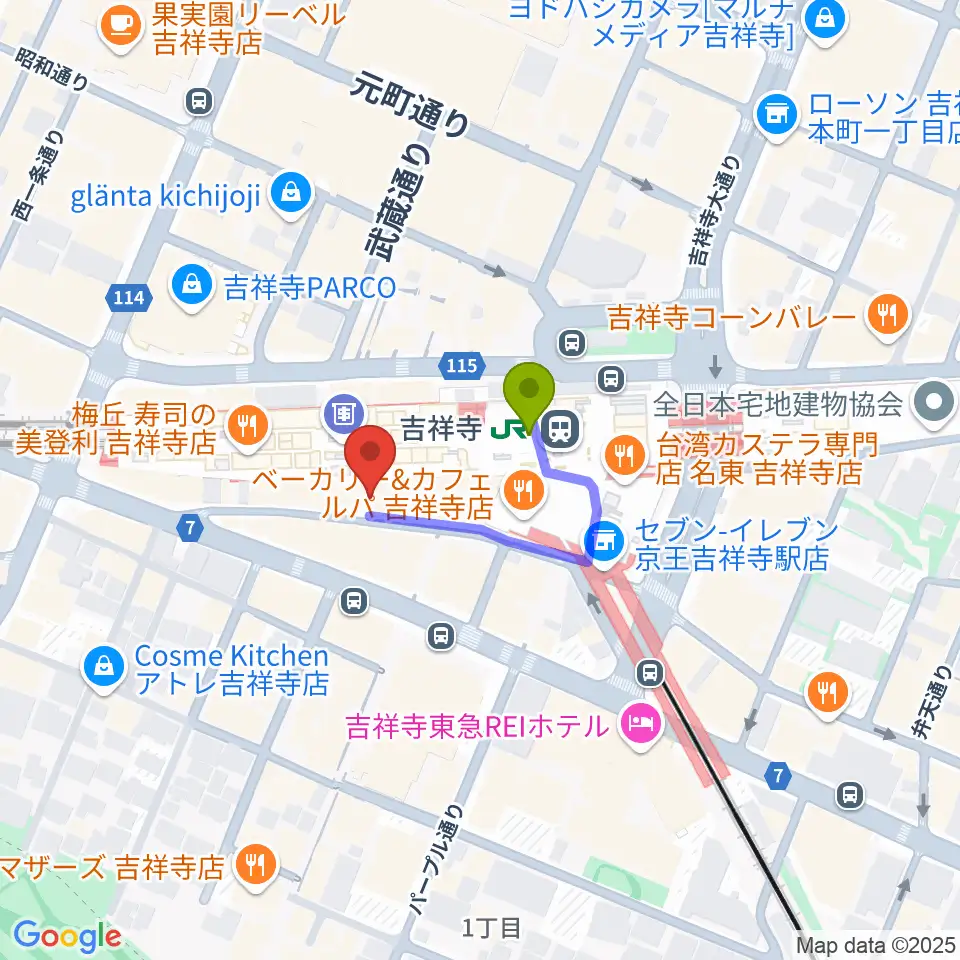 スタジオペンタ吉祥寺サウスサイドの最寄駅吉祥寺駅からの徒歩ルート（約1分）地図
