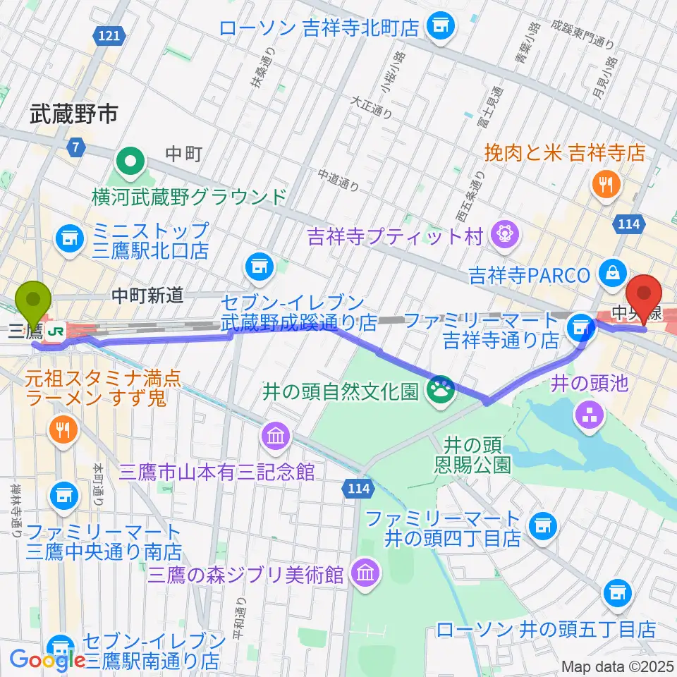 三鷹駅からスタジオペンタ吉祥寺サウスサイドへのルートマップ地図