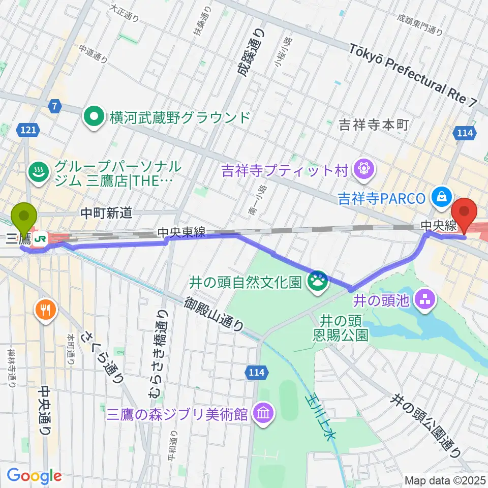 三鷹駅からスタジオペンタ吉祥寺サウスサイドへのルートマップ地図
