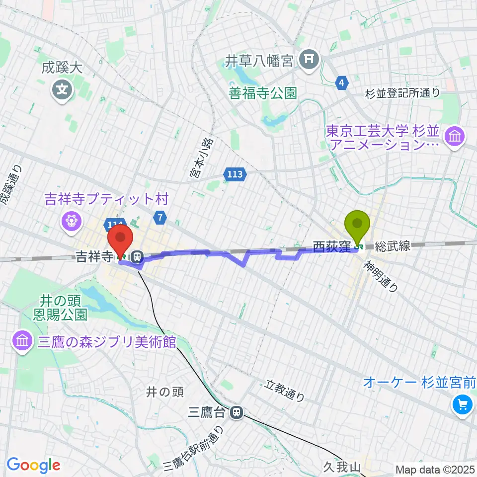西荻窪駅からスタジオペンタ吉祥寺サウスサイドへのルートマップ地図