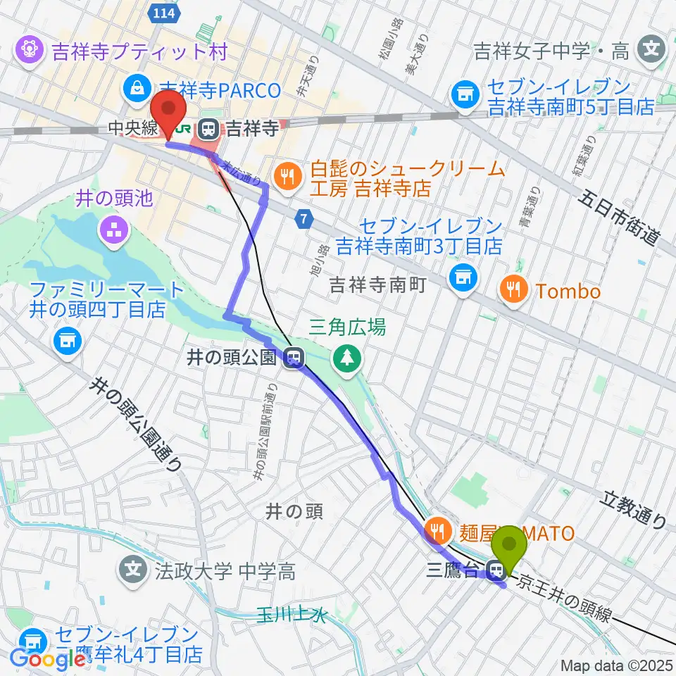 三鷹台駅からスタジオペンタ吉祥寺サウスサイドへのルートマップ地図