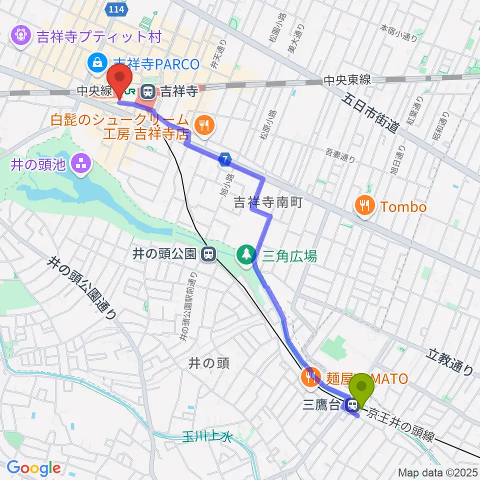 三鷹台駅からスタジオペンタ吉祥寺サウスサイドへのルートマップ地図