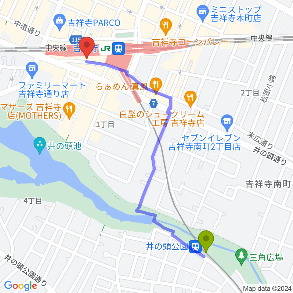 井の頭公園駅からスタジオペンタ吉祥寺サウスサイドへのルートマップ地図