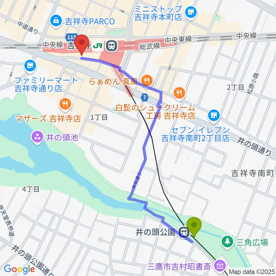 井の頭公園駅からスタジオペンタ吉祥寺サウスサイドへのルートマップ地図