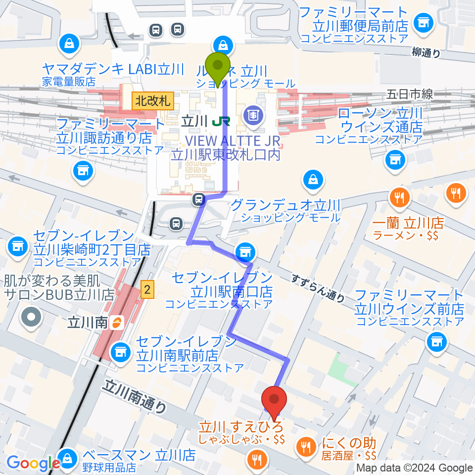 立川駅からスタジオペンタ立川店へのルートマップ地図