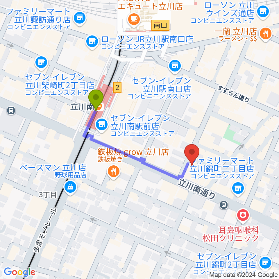 スタジオペンタ立川店の最寄駅立川南駅からの徒歩ルート（約3分）地図