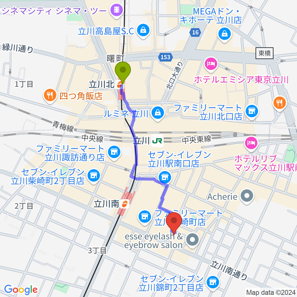 立川北駅からスタジオペンタ立川店へのルートマップ地図