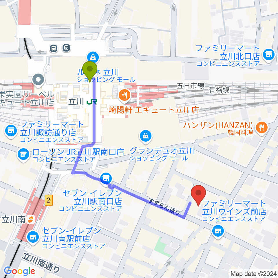 スタジオペンタ立川  IIの最寄駅立川駅からの徒歩ルート（約5分）地図