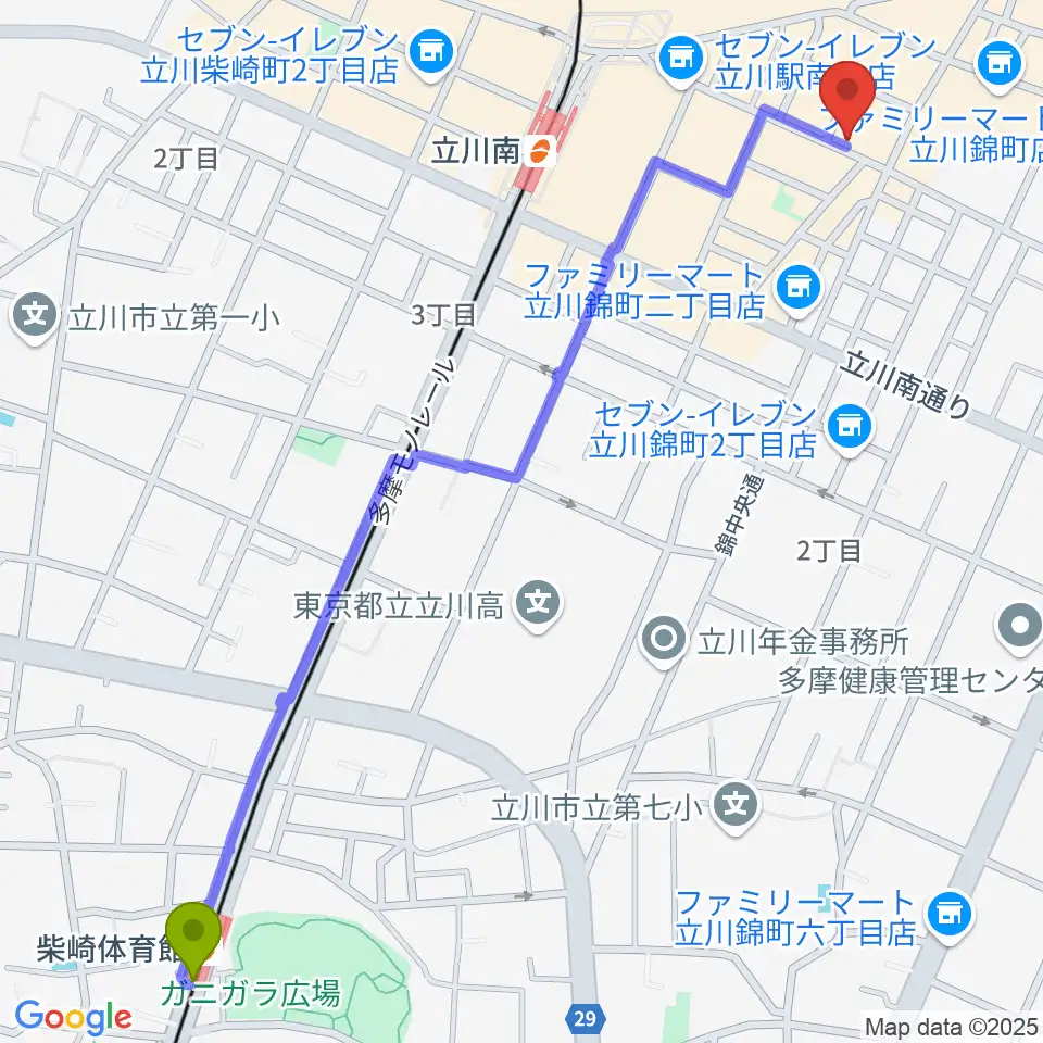 柴崎体育館駅からスタジオペンタ立川  IIへのルートマップ地図