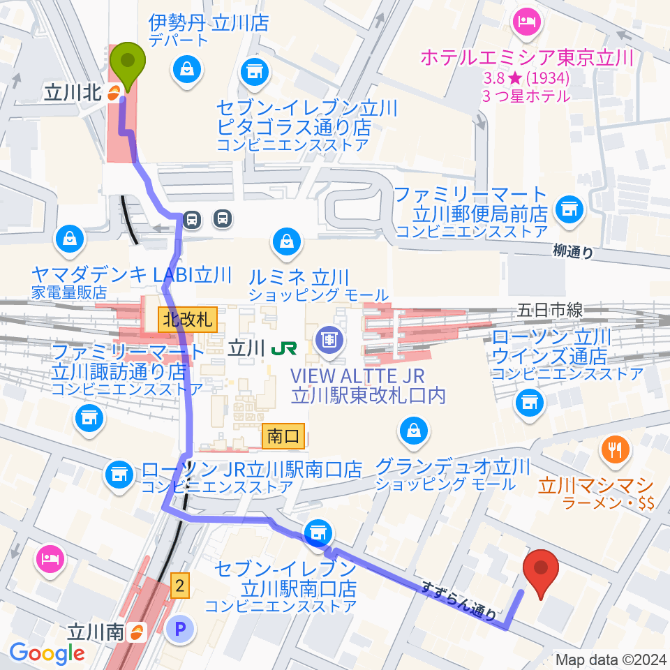 立川北駅からスタジオペンタ立川  IIへのルートマップ地図