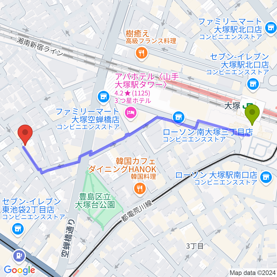 大塚駅からスタジオペンタ大塚店へのルートマップ地図