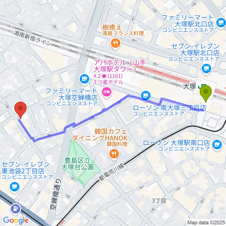 大塚駅からスタジオペンタ大塚店へのルートマップ地図