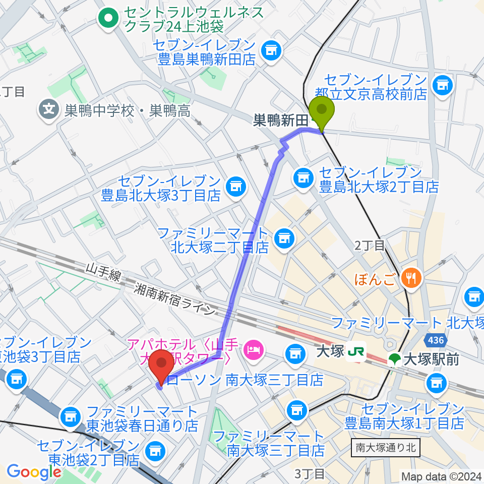 巣鴨新田駅からスタジオペンタ大塚店へのルートマップ地図