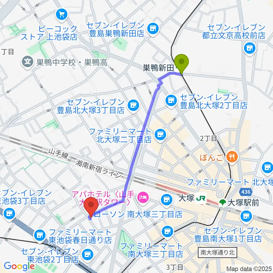 巣鴨新田駅からスタジオペンタ大塚店へのルートマップ地図