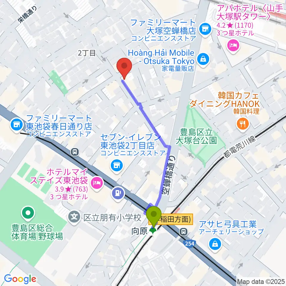 スタジオペンタ大塚店の最寄駅向原駅からの徒歩ルート（約4分）地図